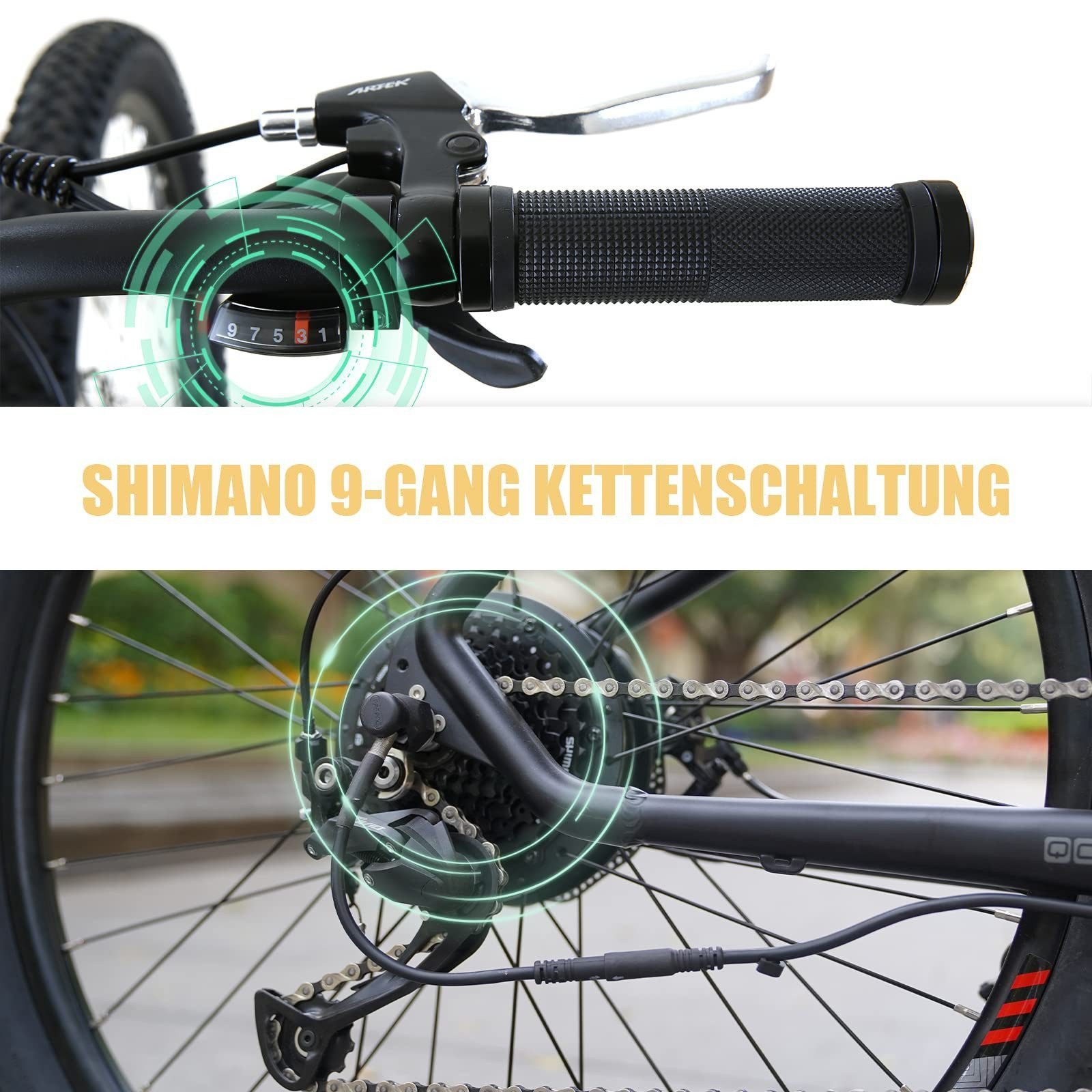 Nahaufnahme eines Fahrrads mit Shimano 9-Gang-Schaltung, Griff und Hinterrad.