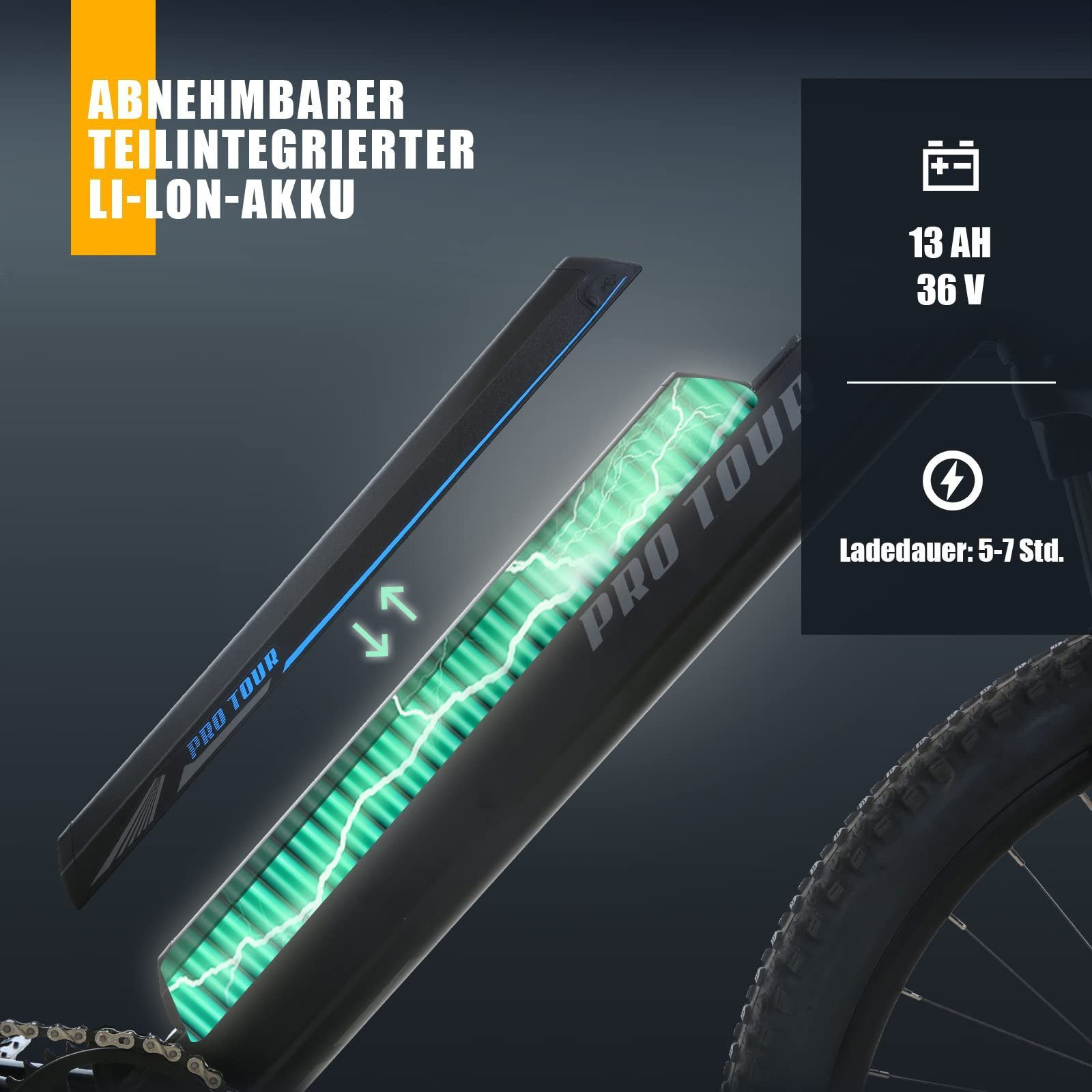 Ein herausnehmbarer E-Bike-Akku mit 13Ah, 36V und 5-7 Std. Ladezeit, dargestellt mit grün leuchtenden Energiezellen.