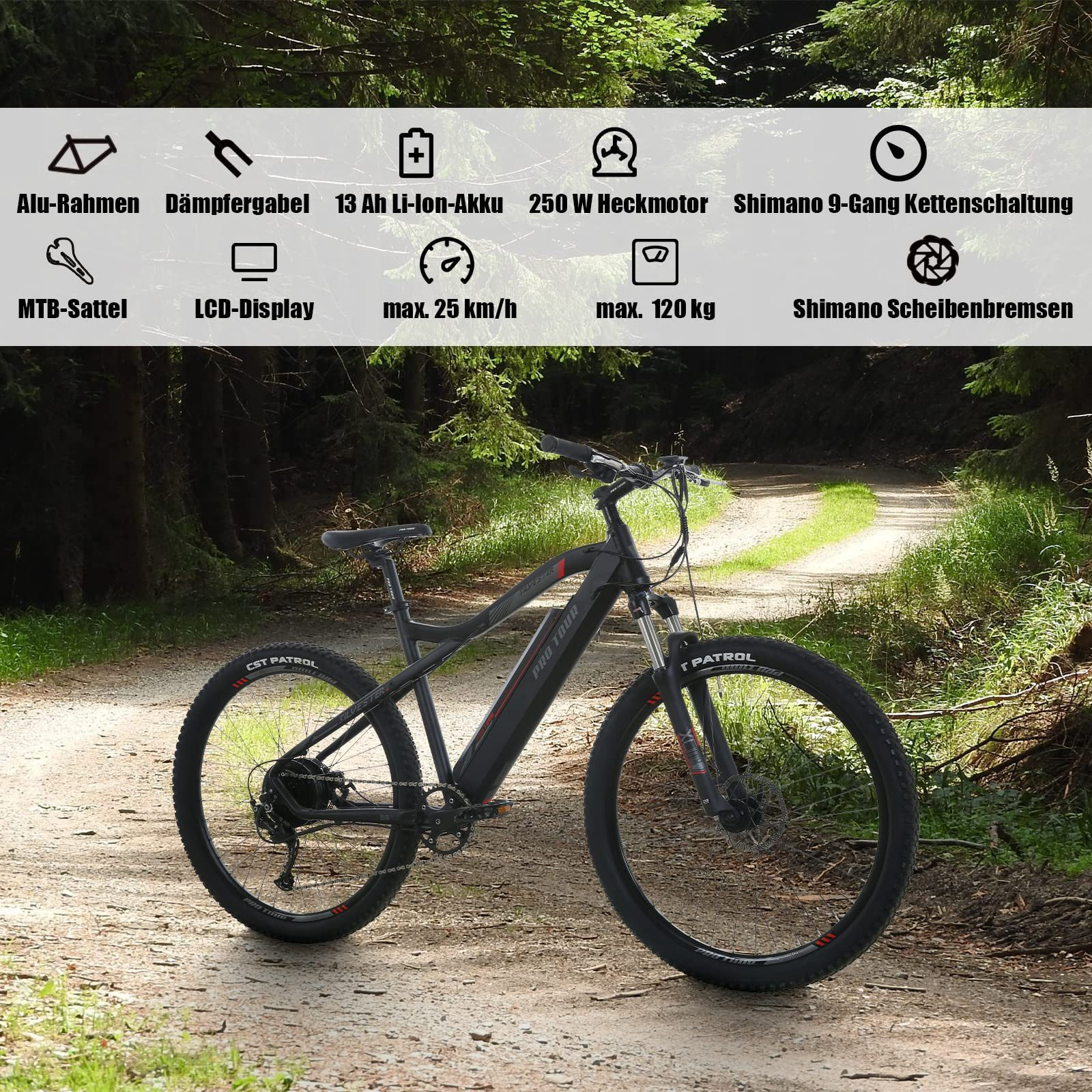 Ein schwarzes Elektro-Mountainbike steht auf einem Waldweg, oben sind technische Daten in einem Banner angezeigt.