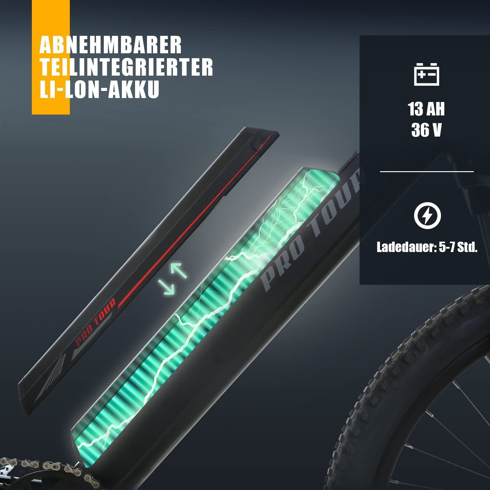 Abnehmbarer 36V 13Ah Li-Ion-Akku für E-Bikes mit Ladezeit von 5-7 Stunden.