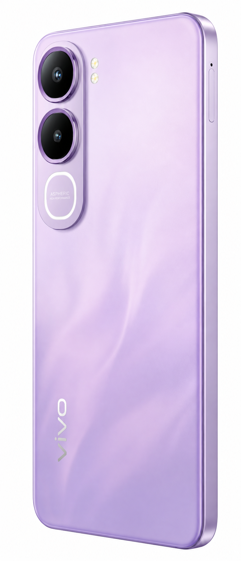 Retro di uno smartphone Vivo viola chiaro con due fotocamere verticali e il logo.