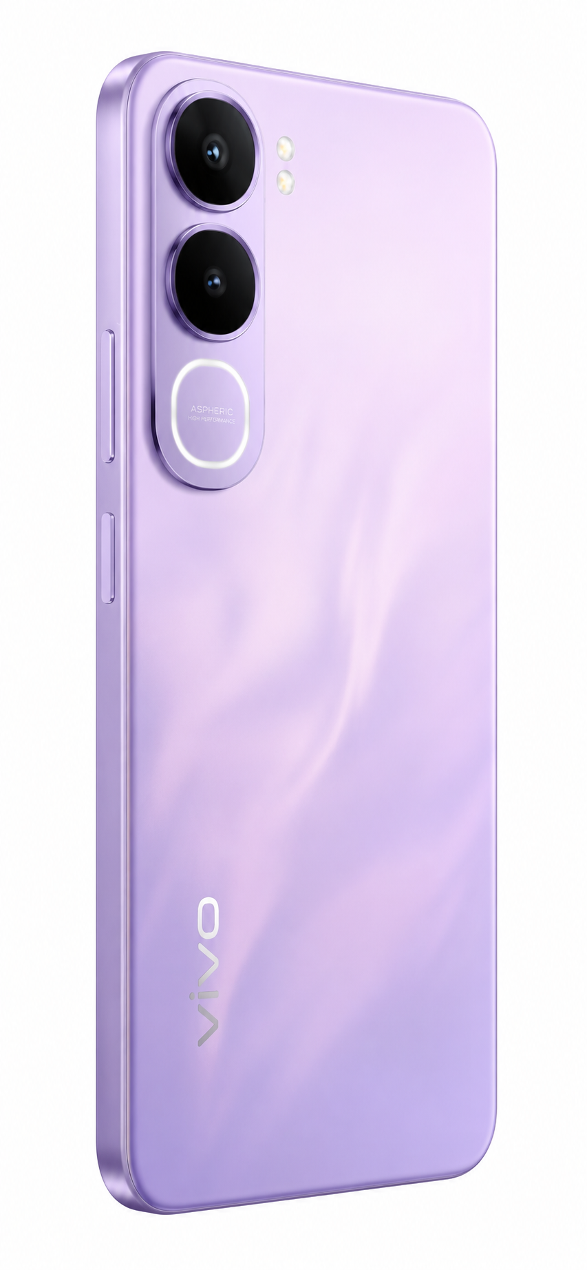 Retro di uno smartphone viola chiaro con due fotocamere, un flash e il logo vivo su sfondo bianco.