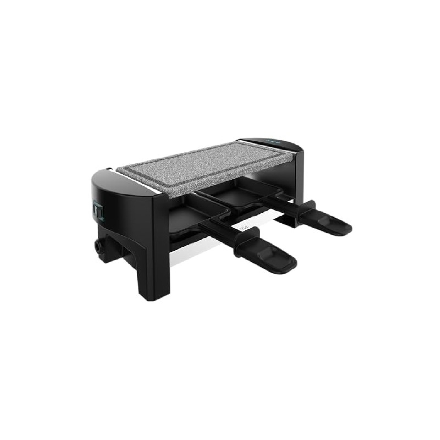 Ein schwarzer Elektro-Raclette-Grill mit grauer Steinplatte und zwei kleinen Pfännchen.