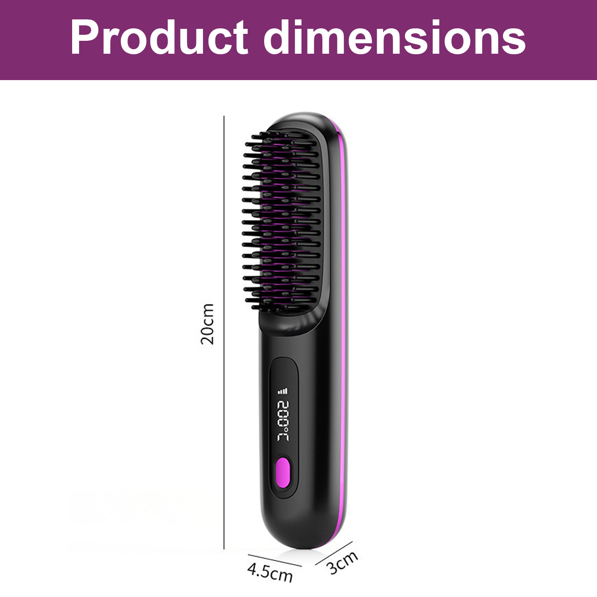 Produktabmessungen Grafik einer schwarzen Haarglättungsbürste mit 20cm Höhe, 4,5cm Breite und 3cm Tiefe.