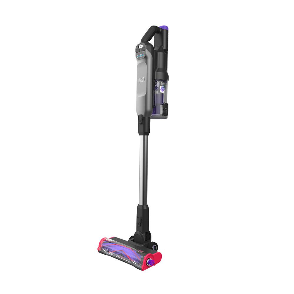 Aspirapolvere senza fili grigio e nero con spazzola rosa e viola, isolato su sfondo bianco.