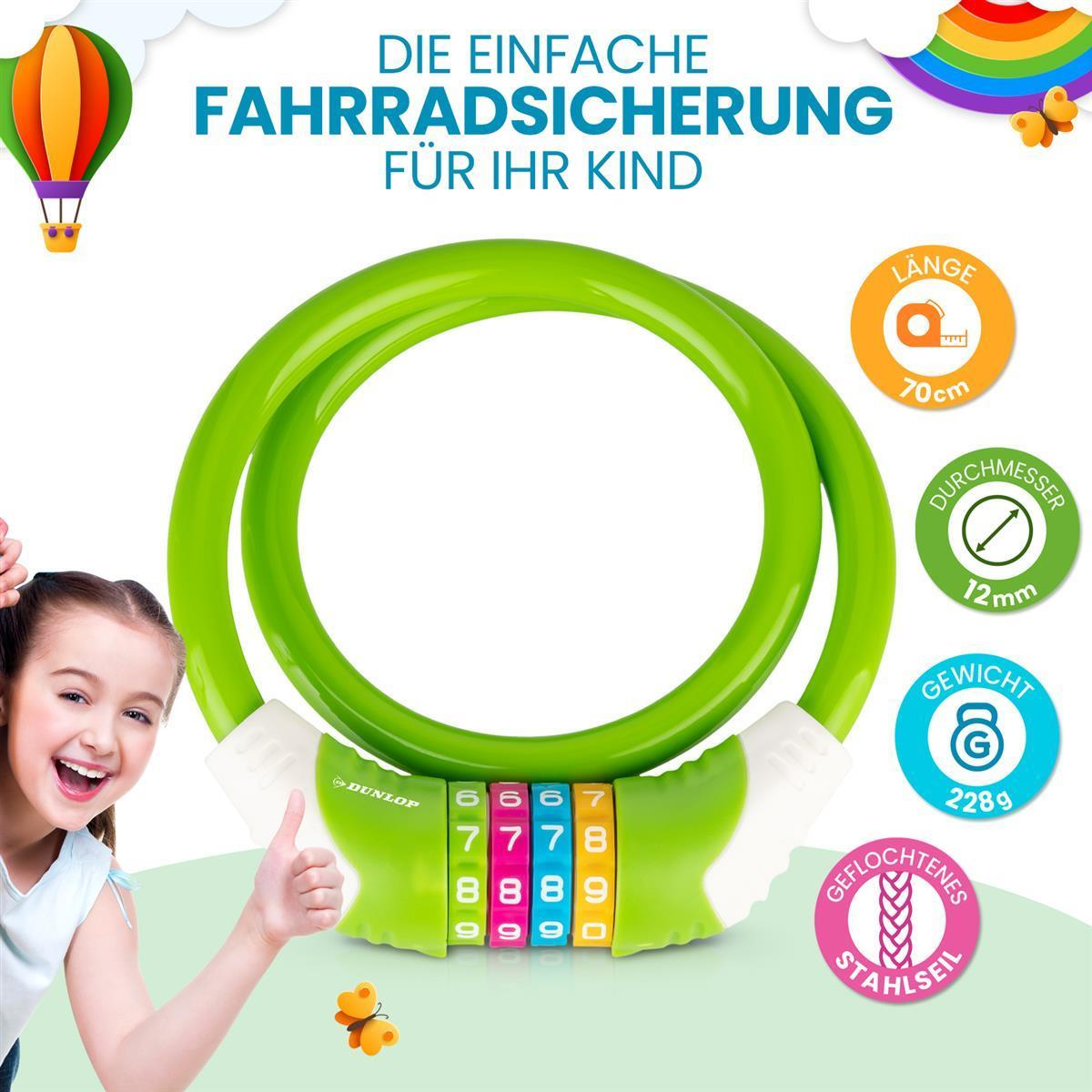Grünes Kinderfahrradschloss mit Zahlenkombination, 70 cm lang, 12 mm dick, leicht und sicher.