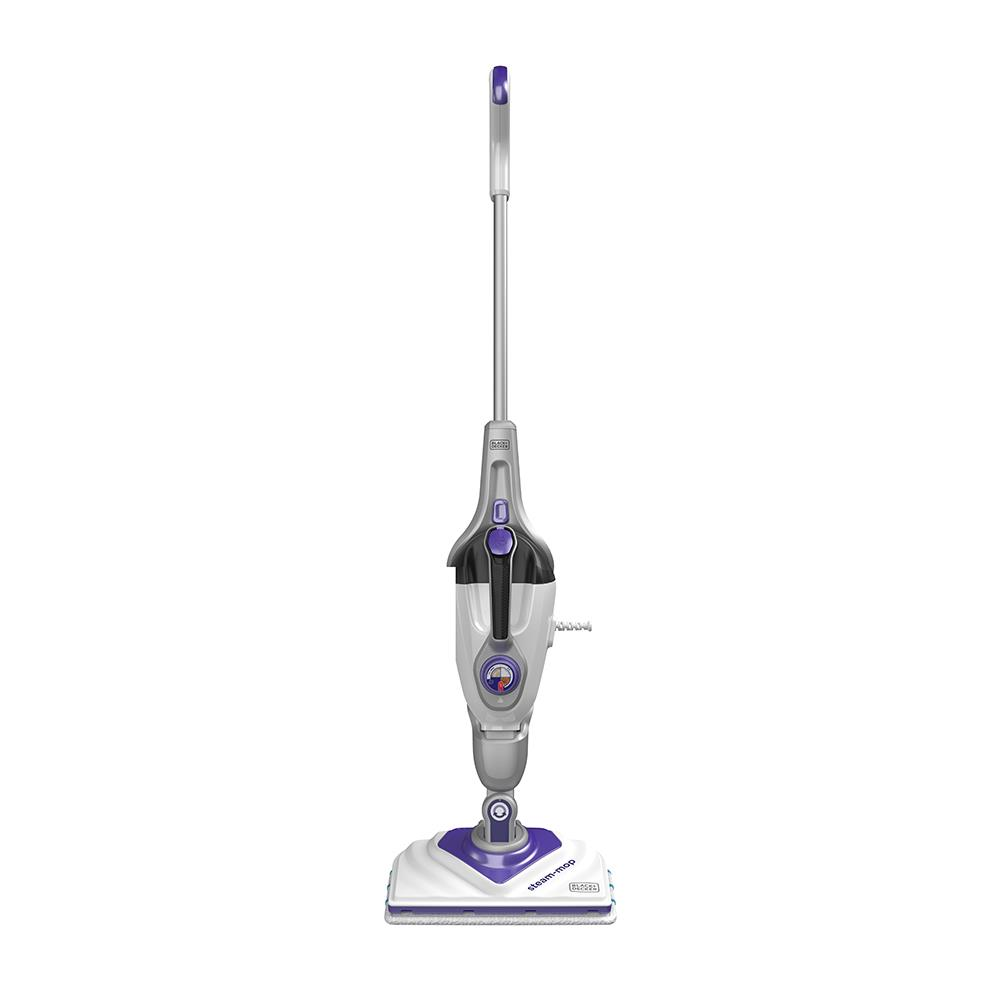 Una mopa a vapor blanca y gris con detalles morados y una base triangular sobre fondo blanco.