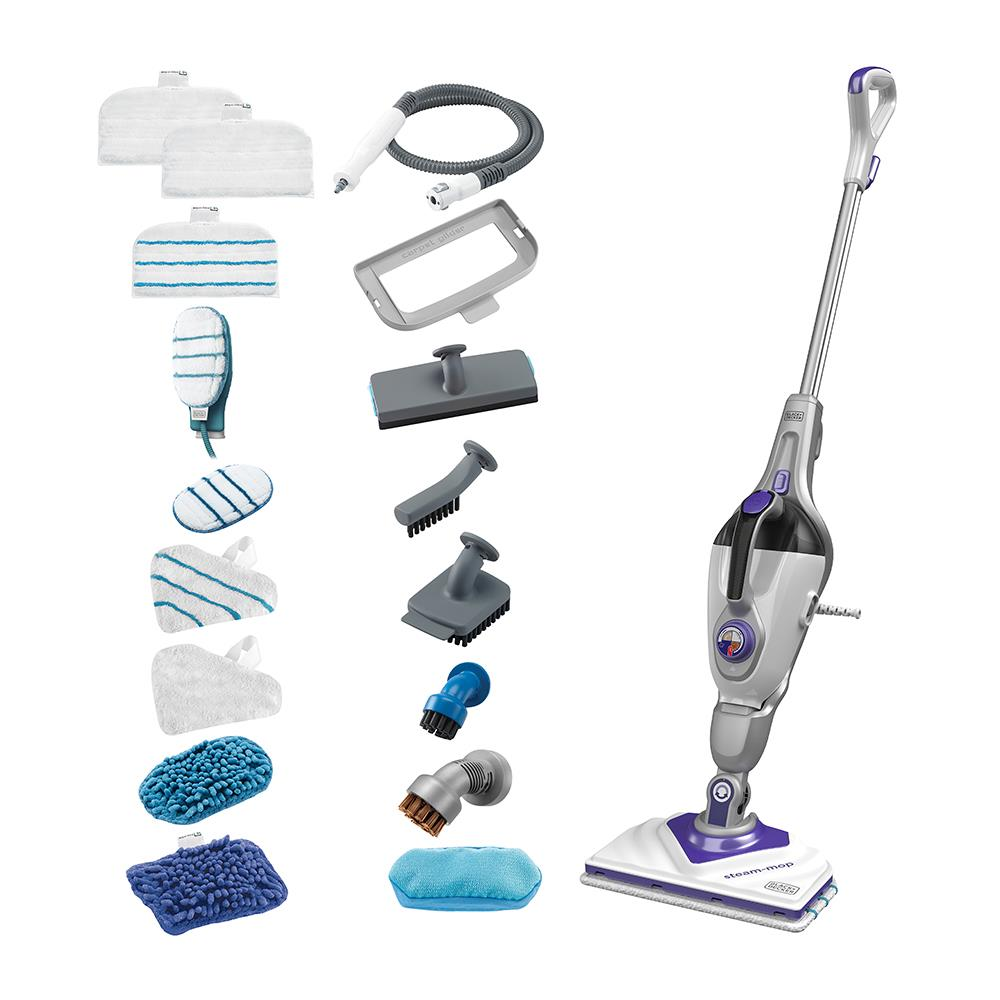 Mopa de vapor morada y blanca con accesorios y paños de microfibra en blanco.