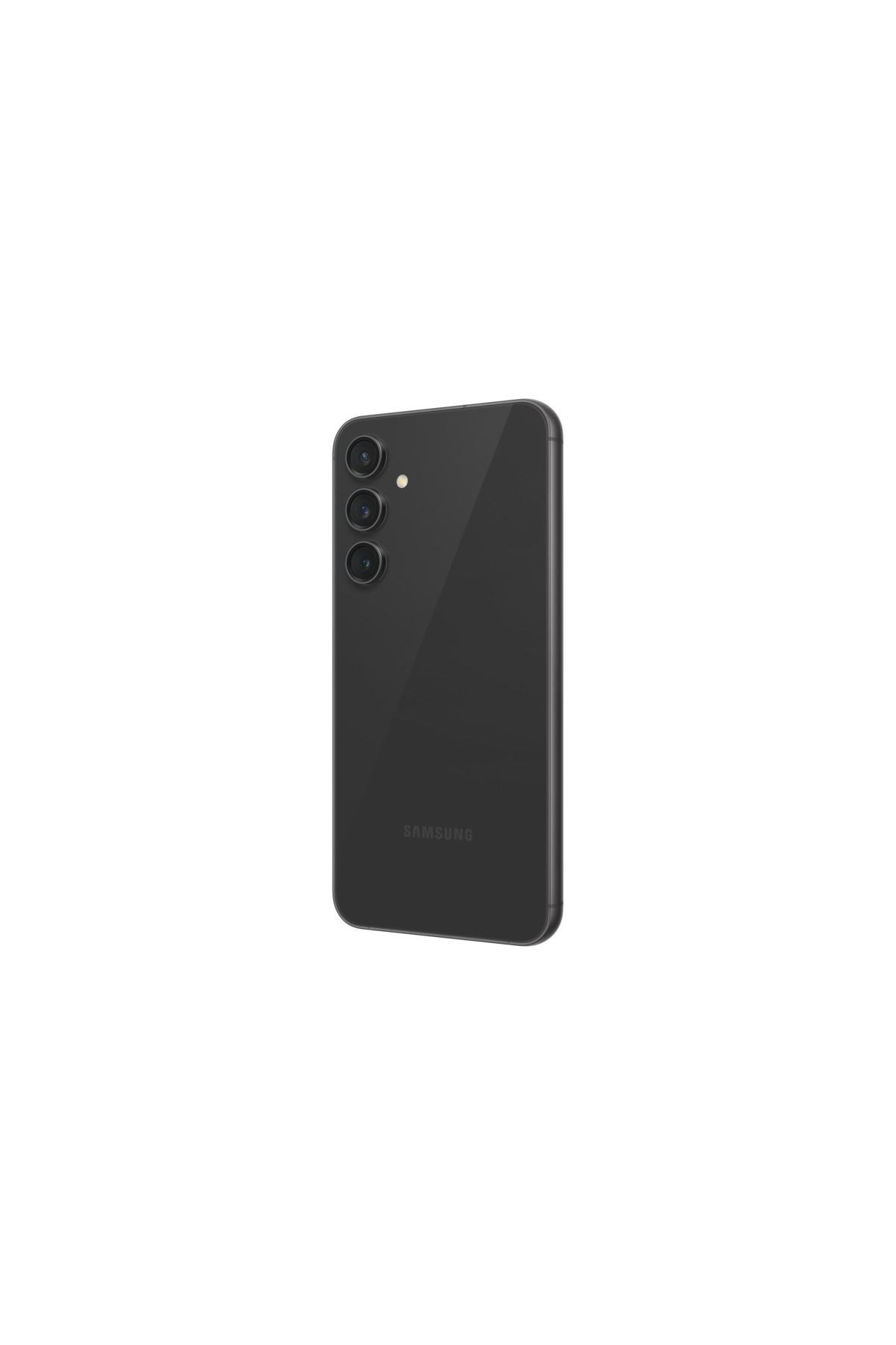 Dikey olarak hizalanmış üç kamera lensine ve Samsung logosuna sahip siyah bir akıllı telefonun arkası.