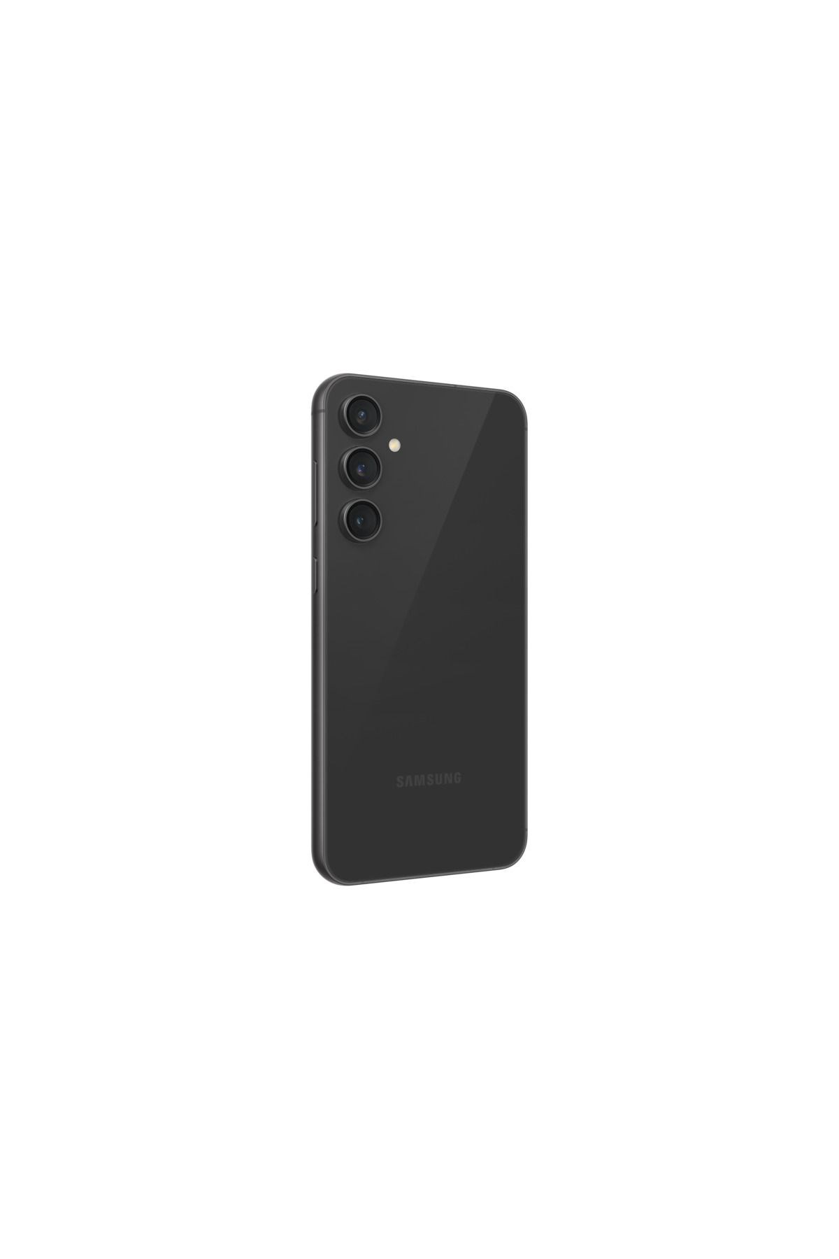 Siyah bir Samsung akıllı telefon, arka yÃ¼zÃ¼ gÃ¶rÃ¼necek sekilde, Ã¼Ã§ dikey kamera lensi ve flaş ile beyaz arka planda gÃ¶steriliyor.