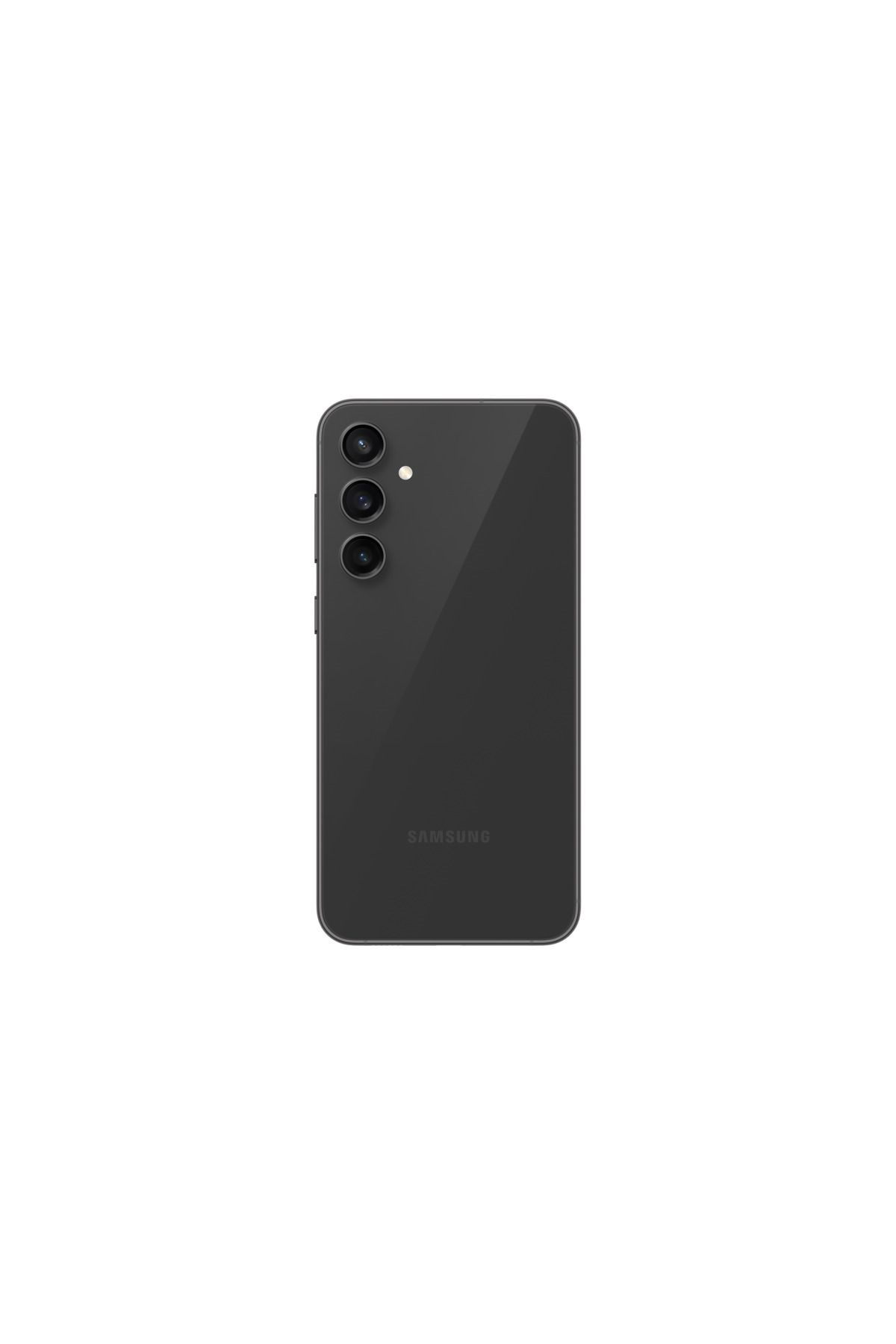 Beyaz arka planda dikey üç kamera lensi ve flaşı olan siyah bir Samsung akıllı telefonun arkası.