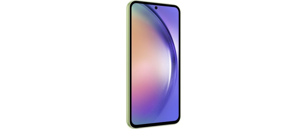 Beyaz arka plan üzerinde renkli ekranlı açık yeşil akıllı telefon.