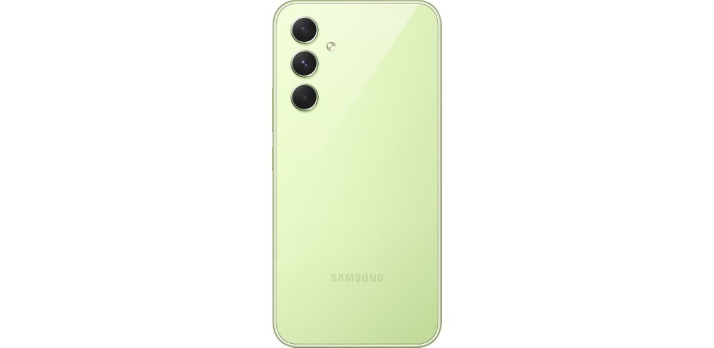 Dikey üçlü kameralı ve Samsung logolu açık yeşil bir akıllı telefonun arkası.