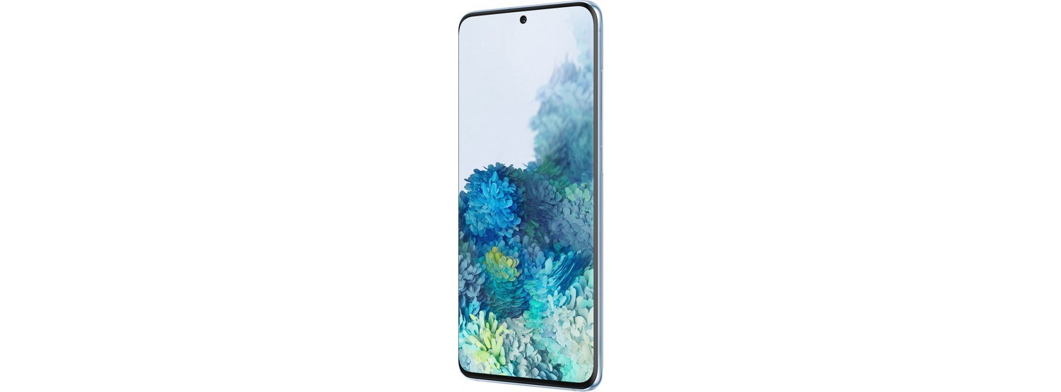 Beyaz arka planda ekranında mavi, soyut çiçekler olan bir akıllı telefon.