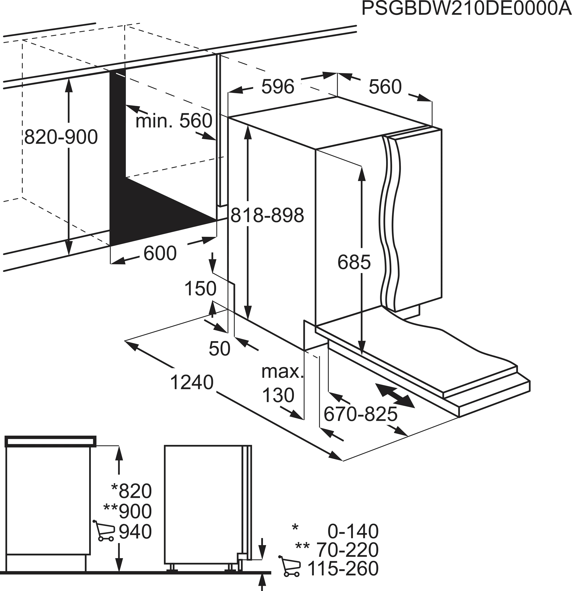 Disegno tecnico con le dimensioni di una lavastoviglie e le misure di installazione.