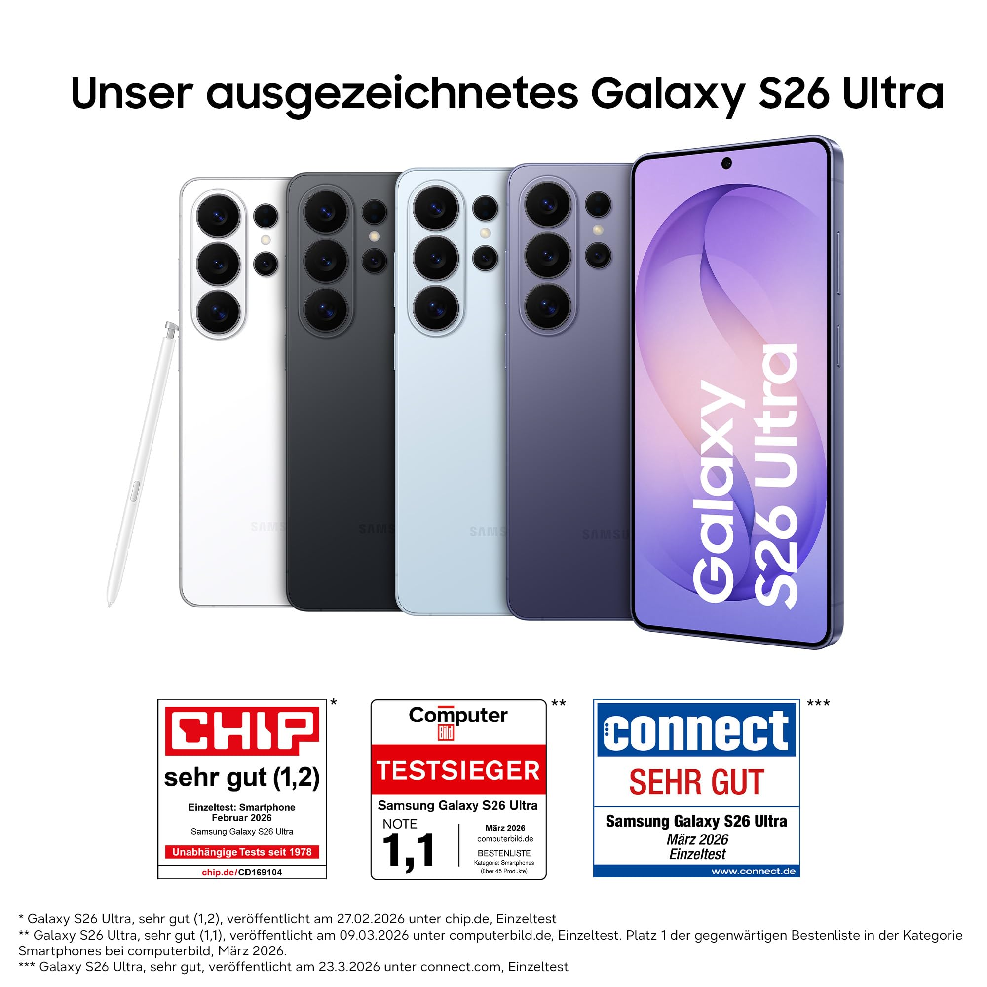 Fünf Galaxy S26 Ultra Smartphones in verschiedenen Farben, mit einem S Pen und Auszeichnunglogos.
