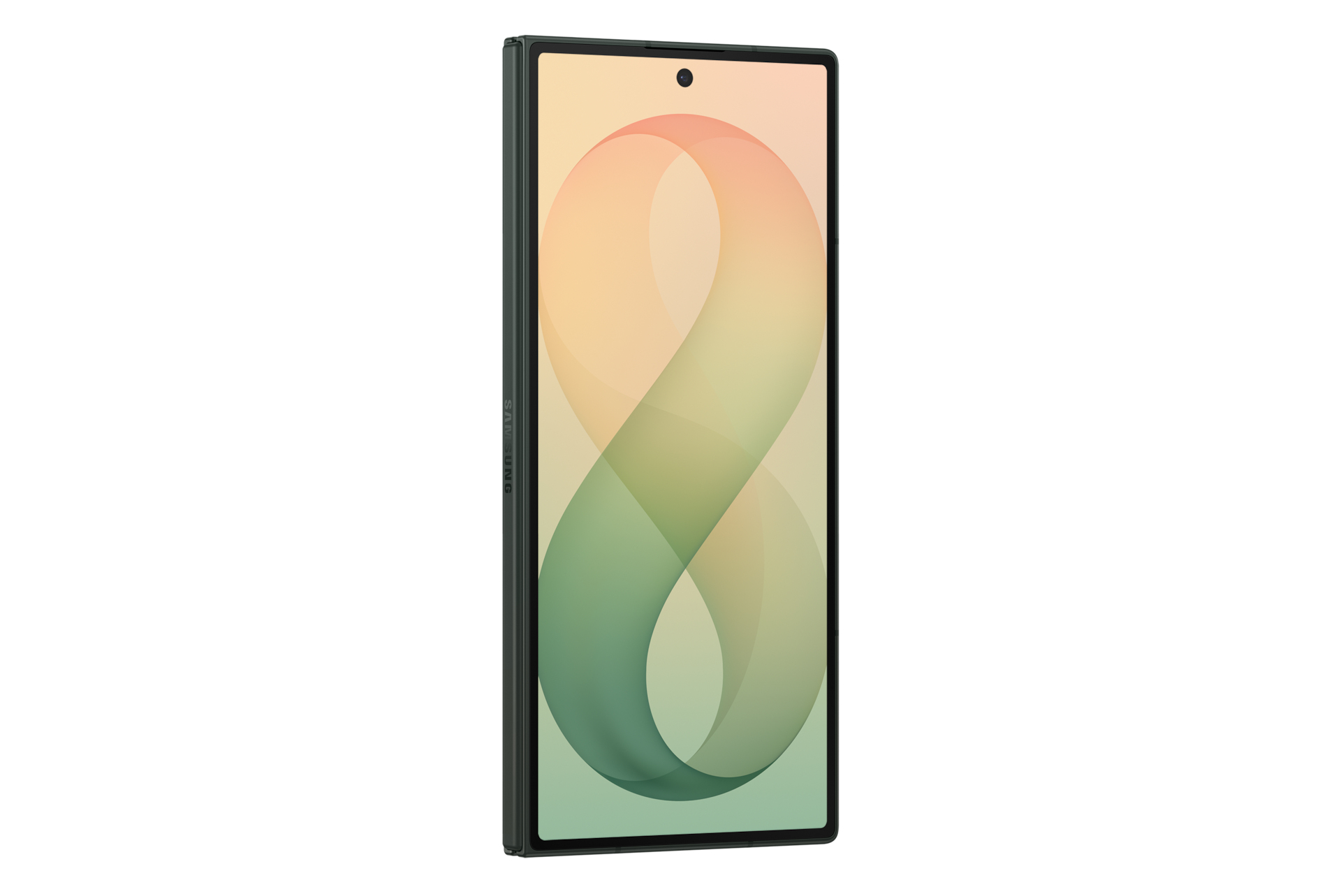 Uno smartphone pieghevole con un grande display interno che mostra un motivo astratto a forma di anello.