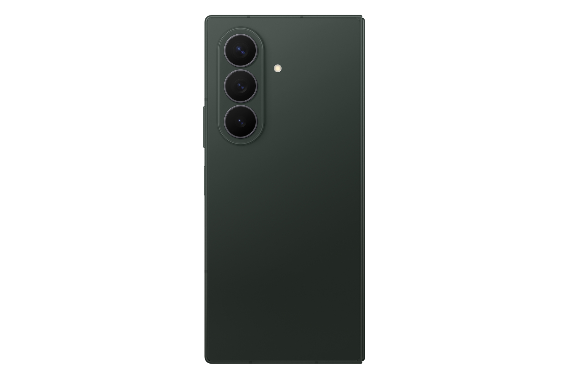 Vista posteriore di uno smartphone scuro con tre obiettivi allineati verticalmente e un flash su sfondo bianco.