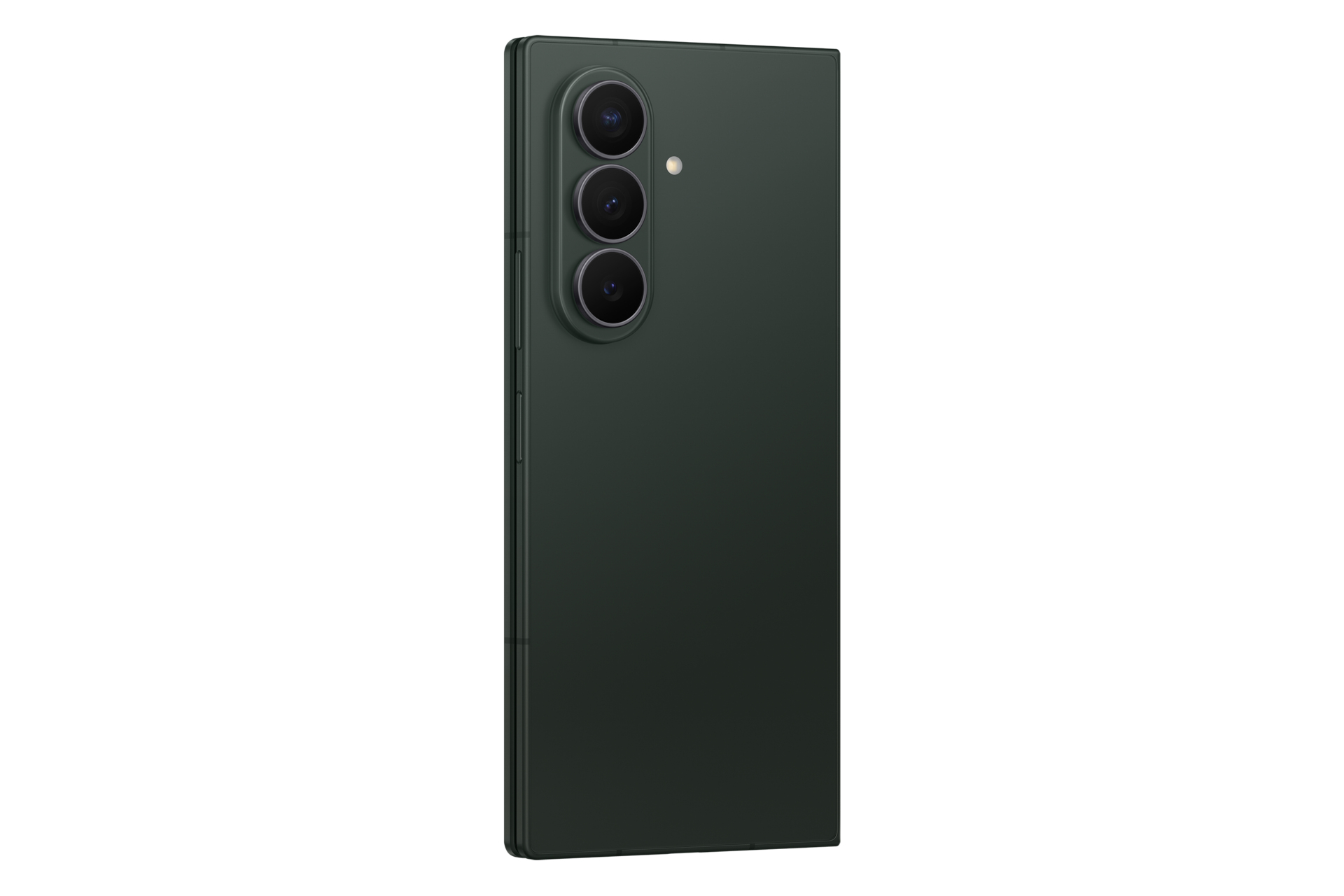 Retro di uno smartphone verde scuro con tre obiettivi fotografici verticali e un flash.