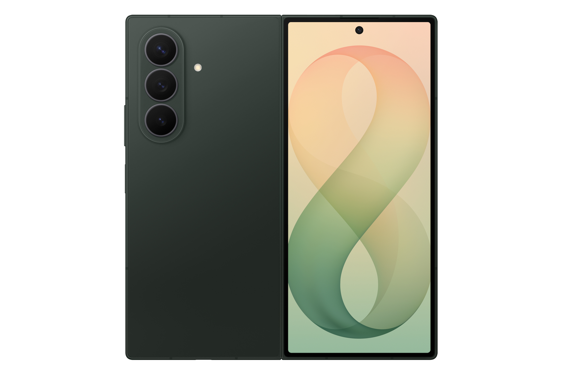 Uno smartphone pieghevole verde mostra il retro con tre fotocamere e il fronte con un display colorato.