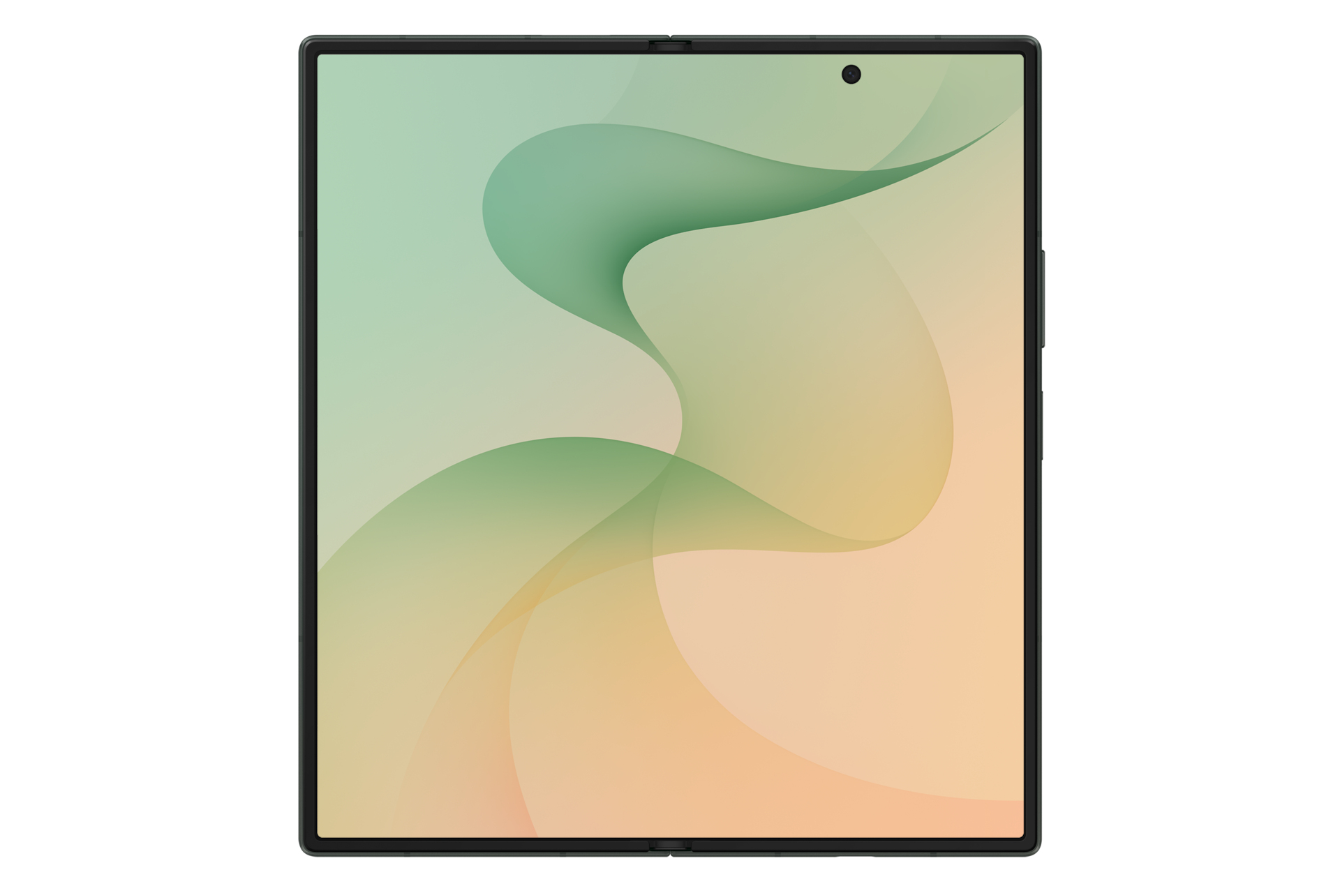 Uno smartphone con un grande schermo quadrato mostra un design fluido e astratto nei colori verde e arancione.