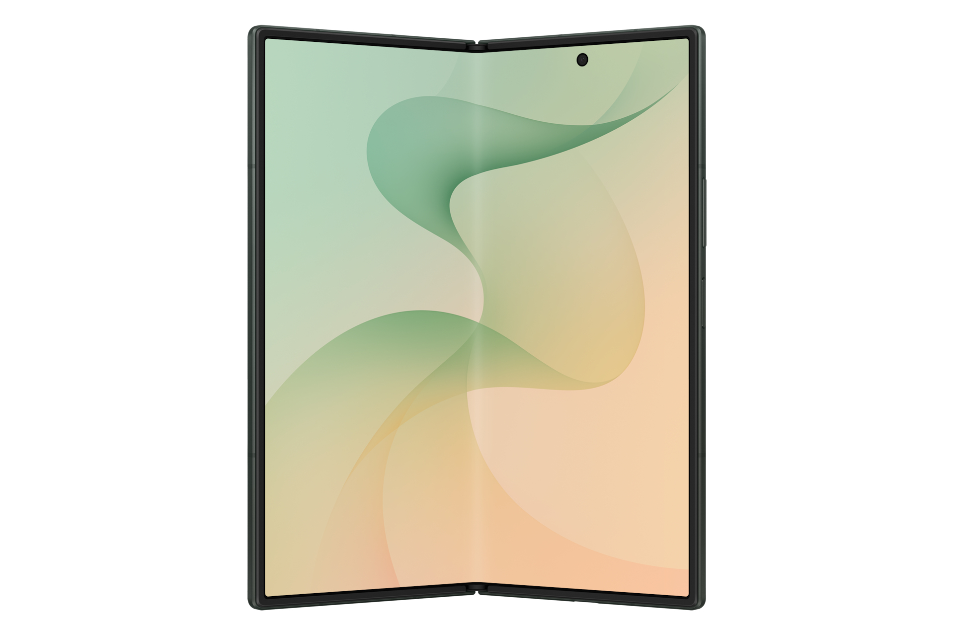 Uno smartphone pieghevole aperto che mostra uno sfondo colorato e curvo con una custodia scura su sfondo bianco.