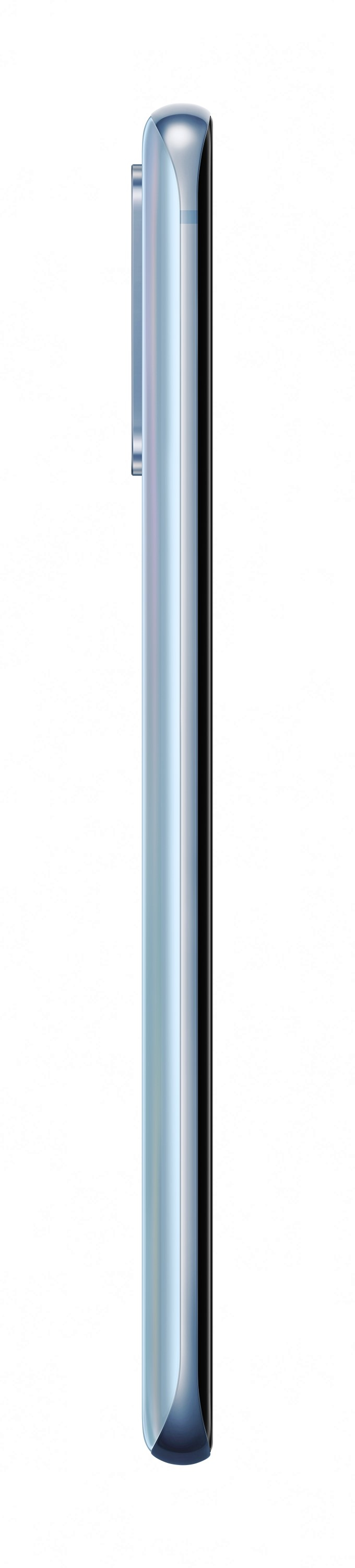 Vista lateral de un teléfono inteligente delgado y azul claro sobre fondo blanco con protuberancia de cámara.