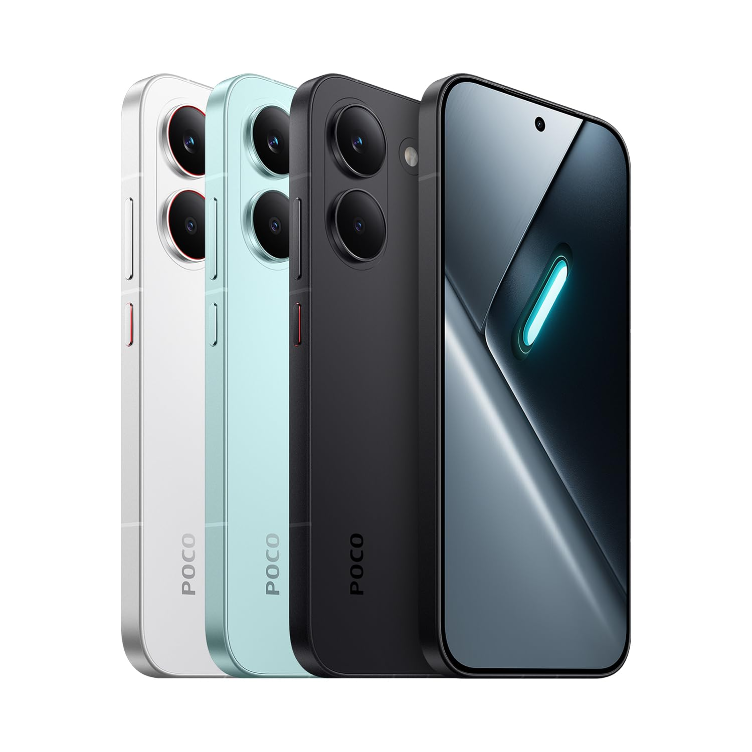 Tre smartphone POCO in bianco, verde chiaro e nero, disposti fianco a fianco su sfondo neutro.