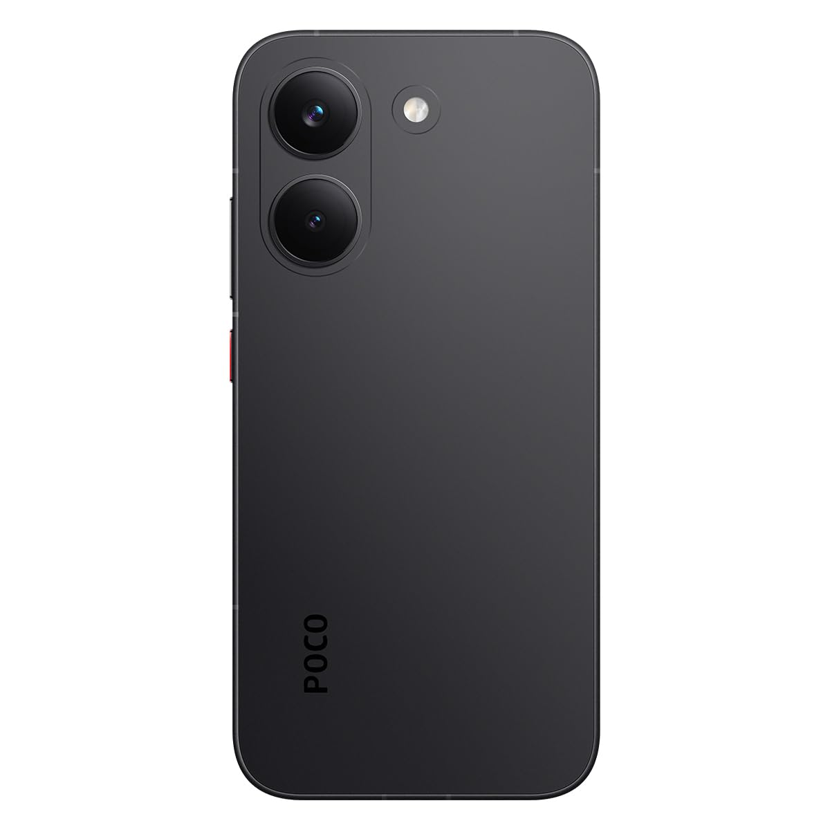 Retro di uno smartphone scuro con doppia fotocamera verticale e logo POCO.