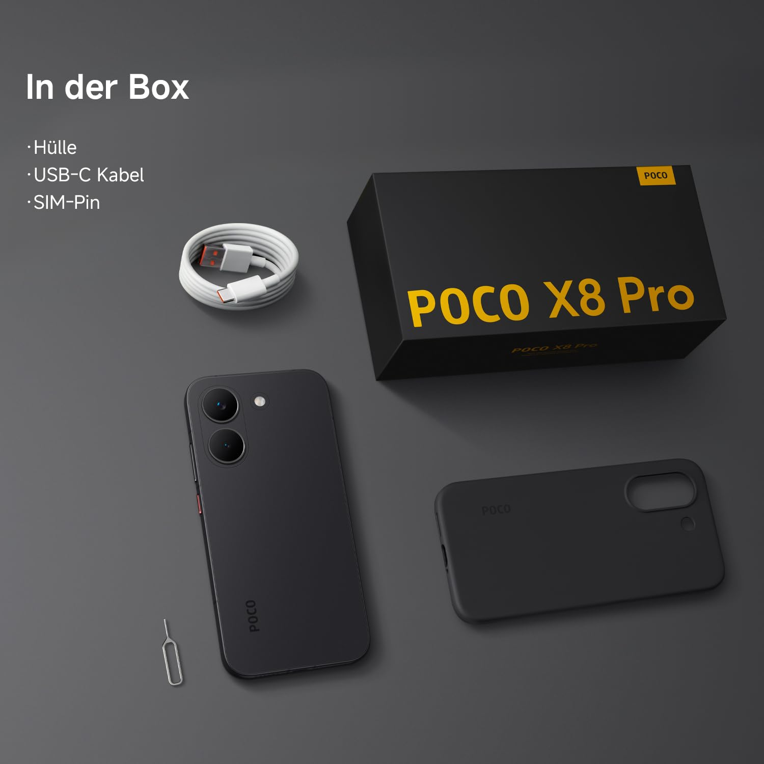 Smartphone Poco X8 Pro con scatola, cavo, custodia e spilla SIM su sfondo grigio.