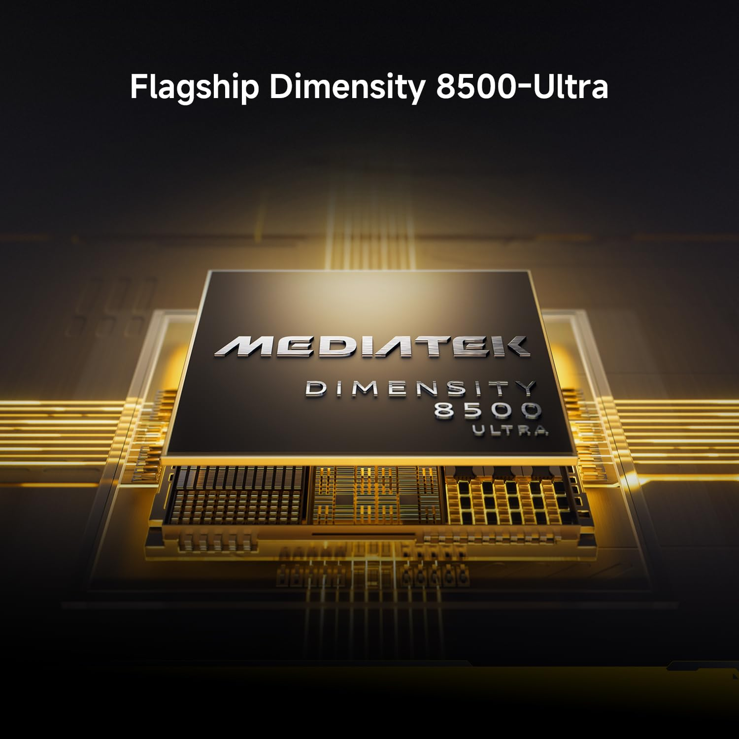 Primo piano di un processore Mediatek Dimensity 8500 Ultra con circuiti dorati luminosi su sfondo scuro.
