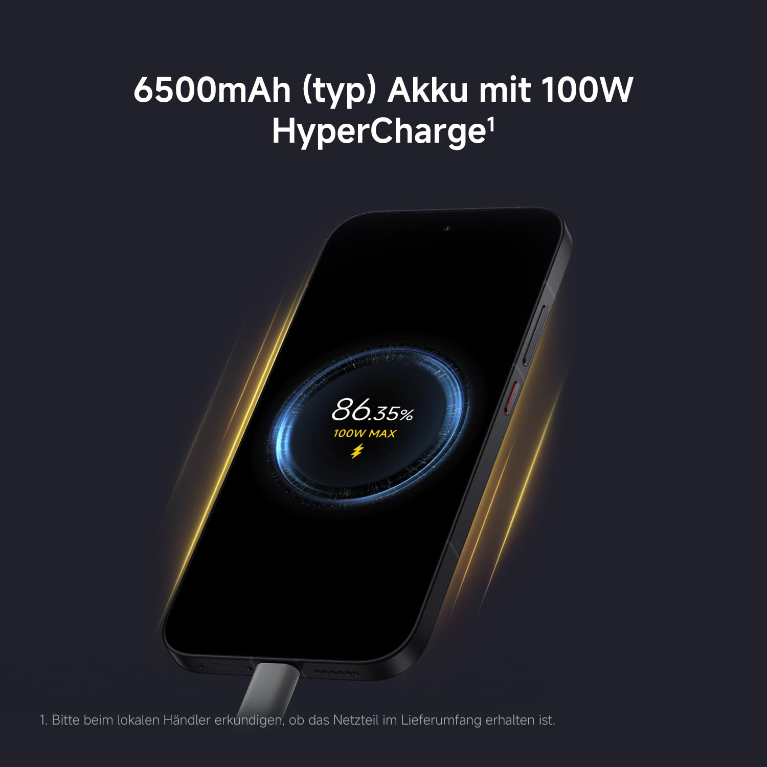 Smartphone su sfondo nero che mostra l'86,35% di carica e batteria da 6500mAh con 100W HyperCharge.