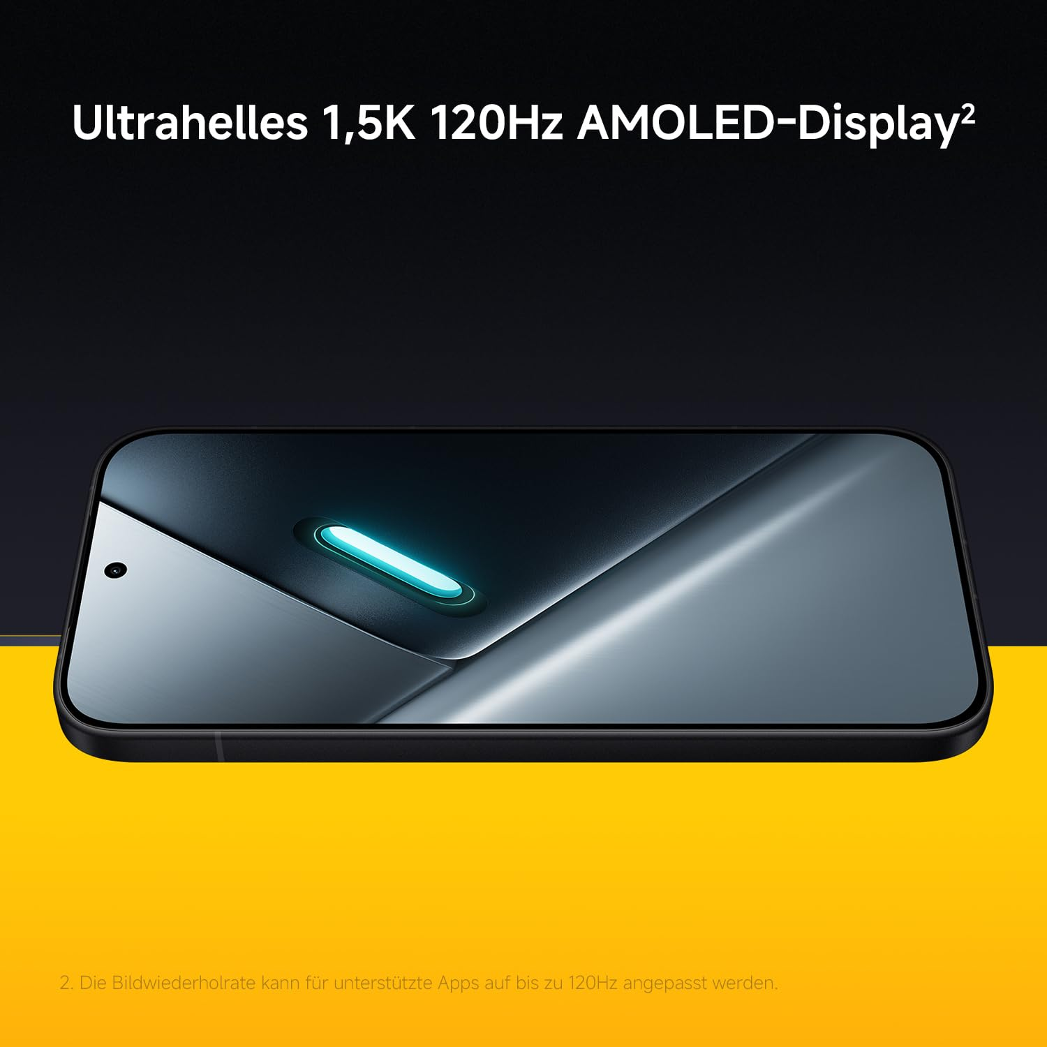 Smartphone con luminoso display AMOLED da 1,5K e 120Hz e testo in tedesco su sfondo nero e giallo.