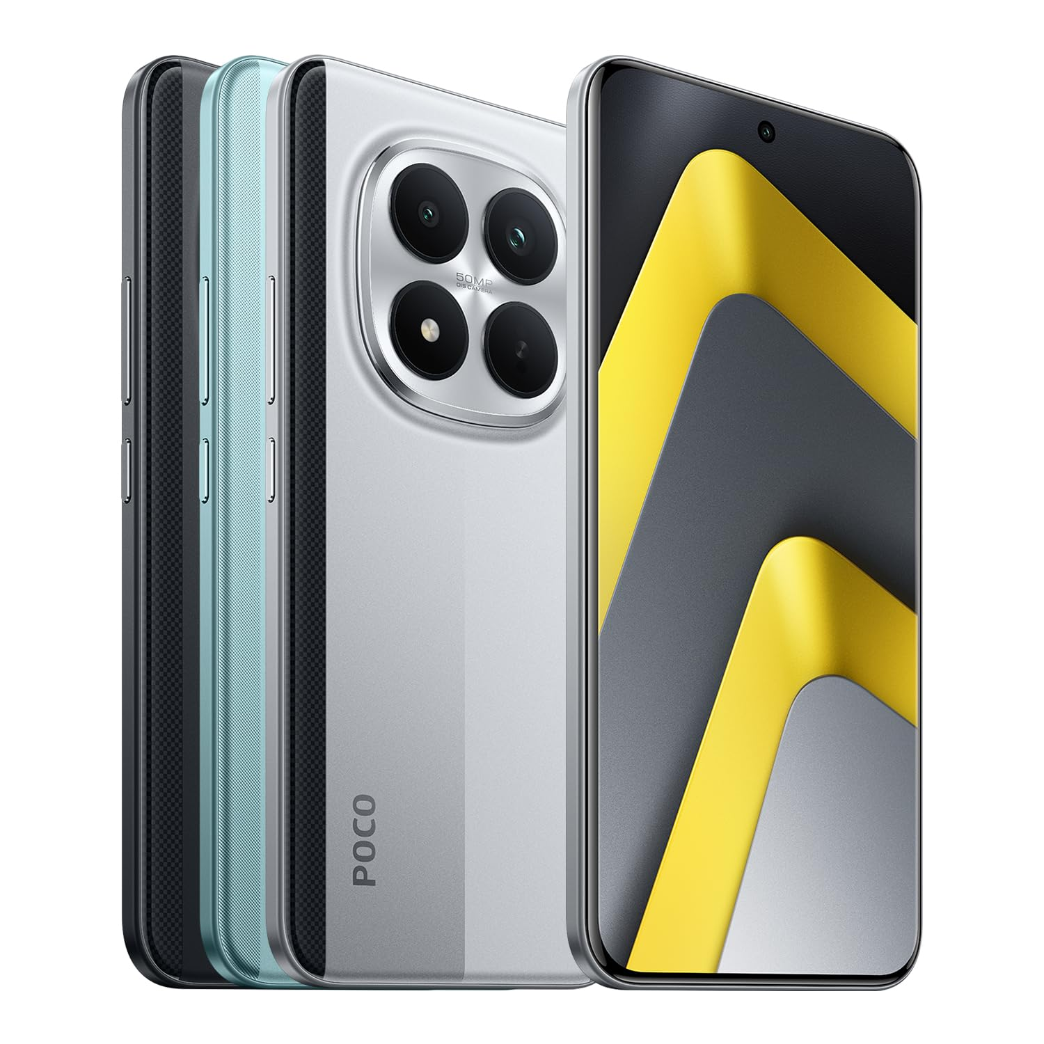 Quattro smartphone in nero, azzurro, argento e uno con display dal design giallo e grigio.