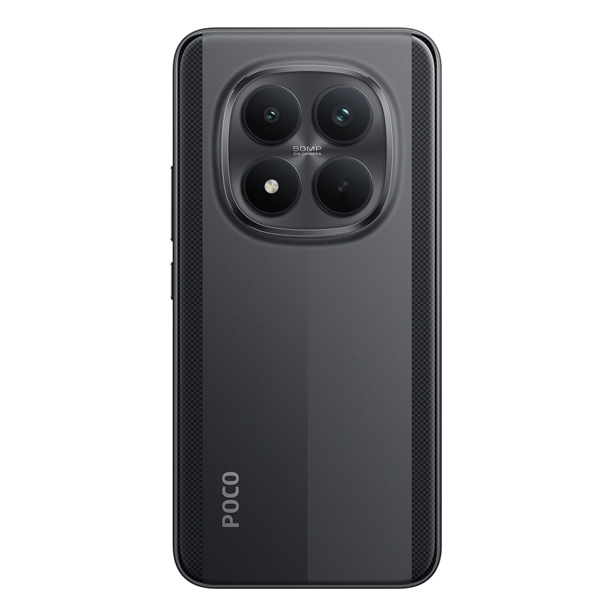 Retro di uno smartphone POCO grigio con un modulo a quattro fotocamere in alto e il logo POCO.