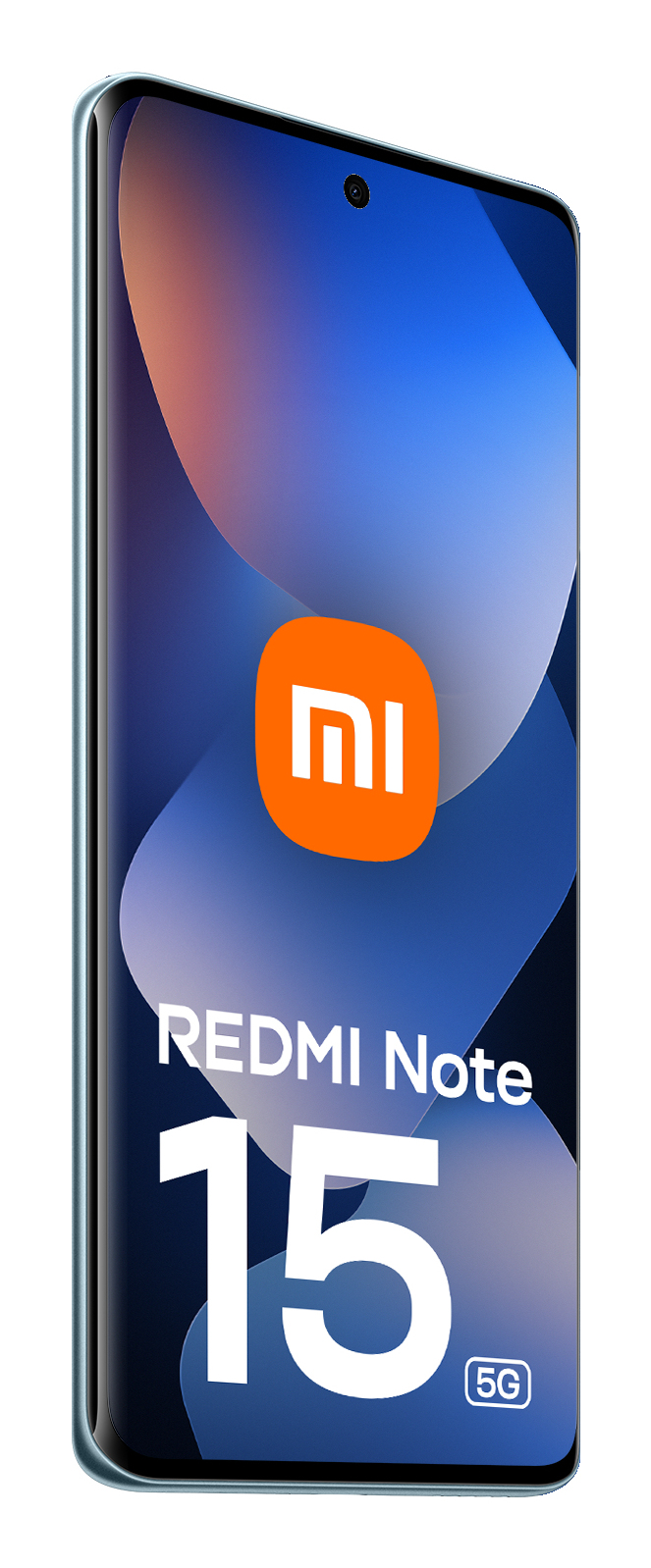 Uno smartphone Xiaomi Redmi Note 15 5G blu visto di profilo, con il logo del marchio sullo schermo.