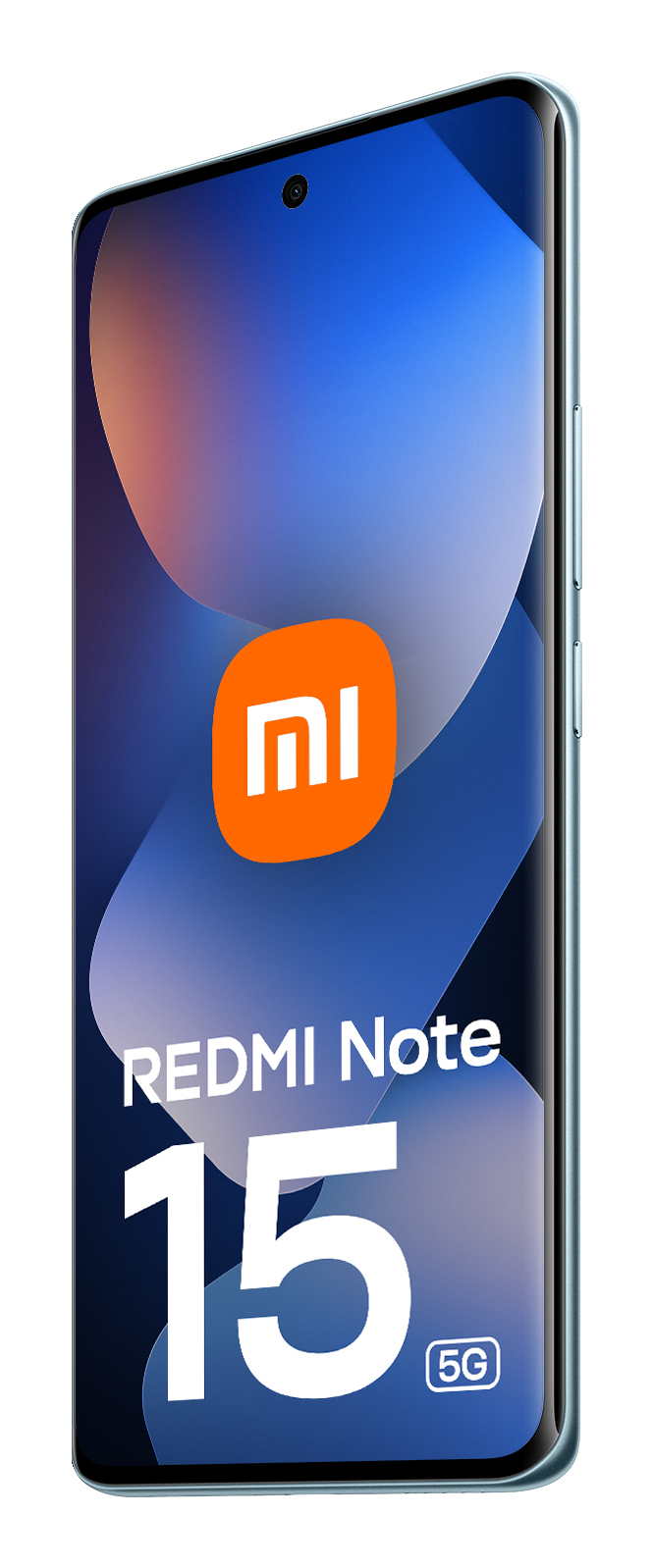 Uno smartphone blu Xiaomi Redmi Note 15 5G che mostra un logo e del testo sullo schermo.