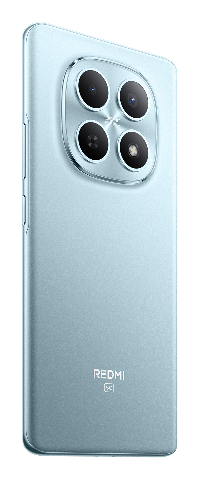 Il retro di uno smartphone Redmi 5G azzurro, che mostra il modulo a quattro fotocamere e il logo.