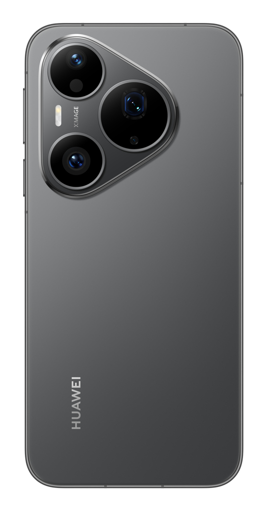Parte trasera de un smartphone Huawei gris con un módulo de cámara triangular arriba a la izquierda y logotipo.