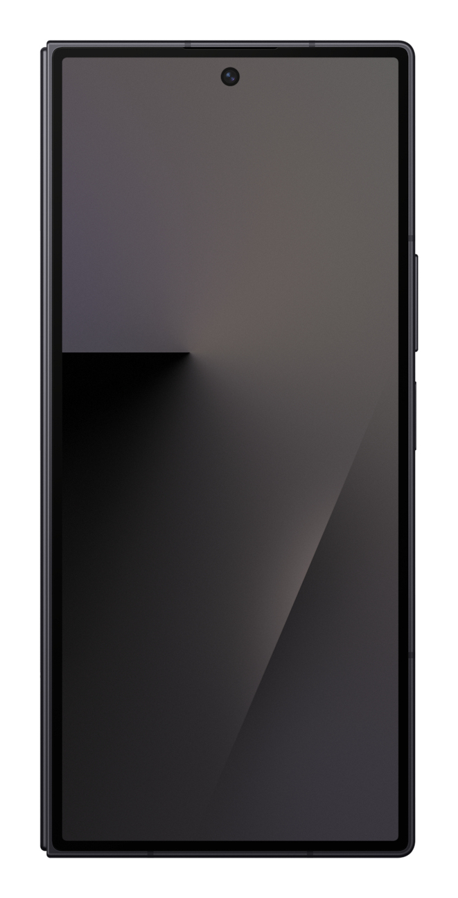 Czarny smartfon z zaokrąglonymi rogami i małym aparatem przednim umieszczonym na środku u góry.