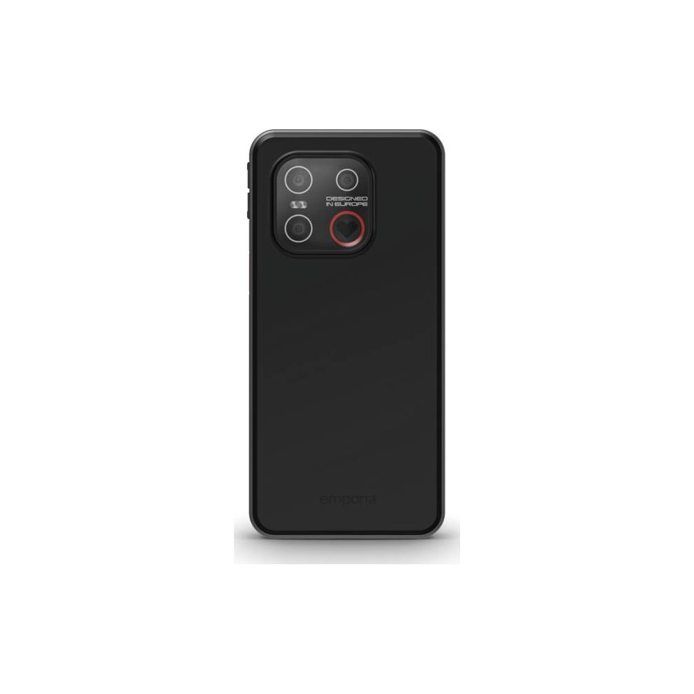 Retro di uno smartphone Emporia nero con un modulo fotocamera quadruplo rettangolare.