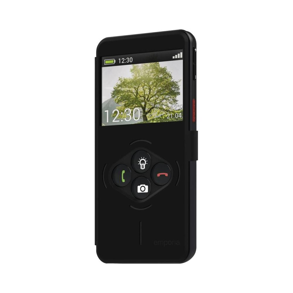 Un cellulare nero per anziani con schermo grande e tasti per chiamate, fotocamera e torcia.
