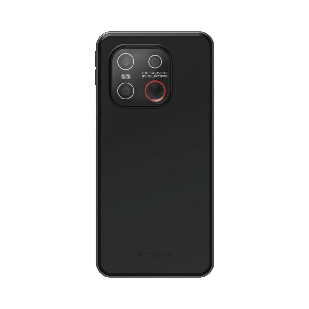 Retro di uno smartphone nero Emporia con modulo a quattro fotocamere e la scritta Designed in Europe.
