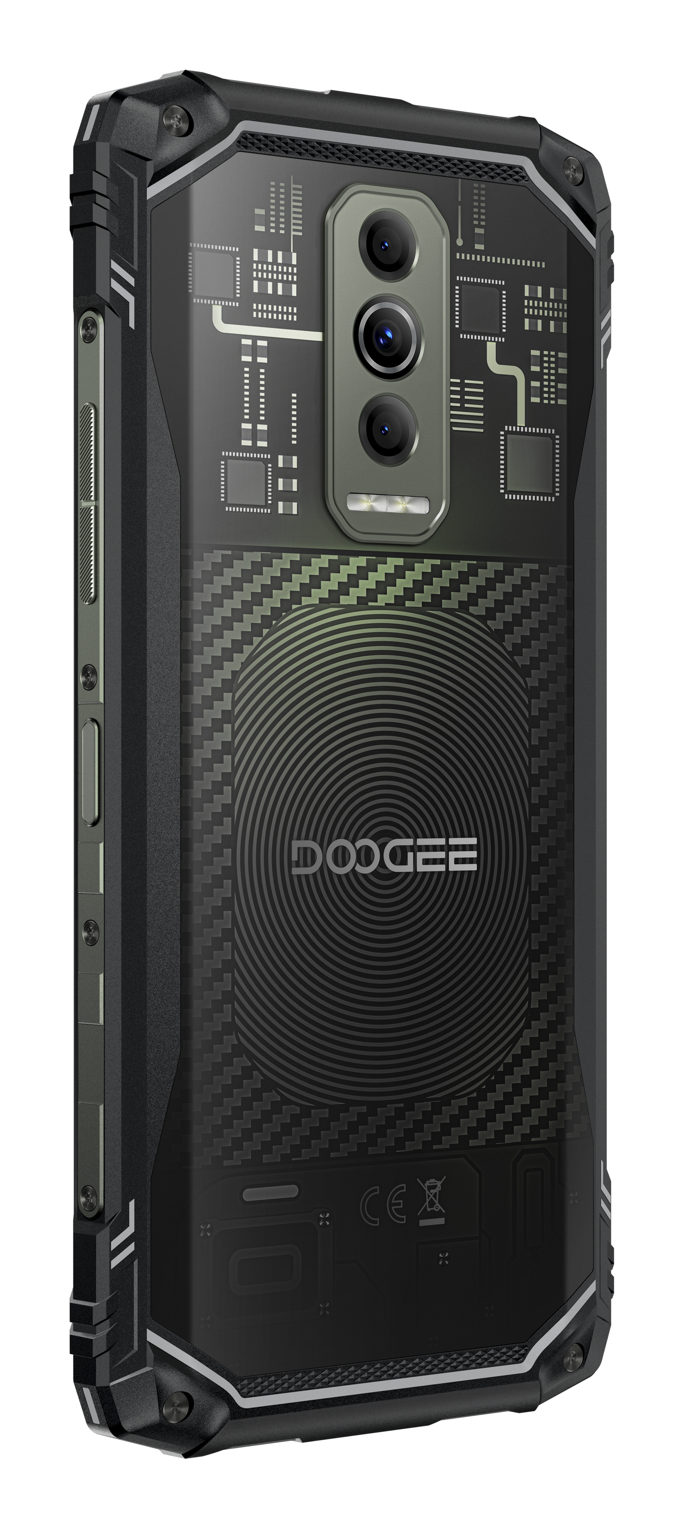 Vista trasera de un smartphone DOOGEE negro y resistente con triple cámara y diseño de circuito.