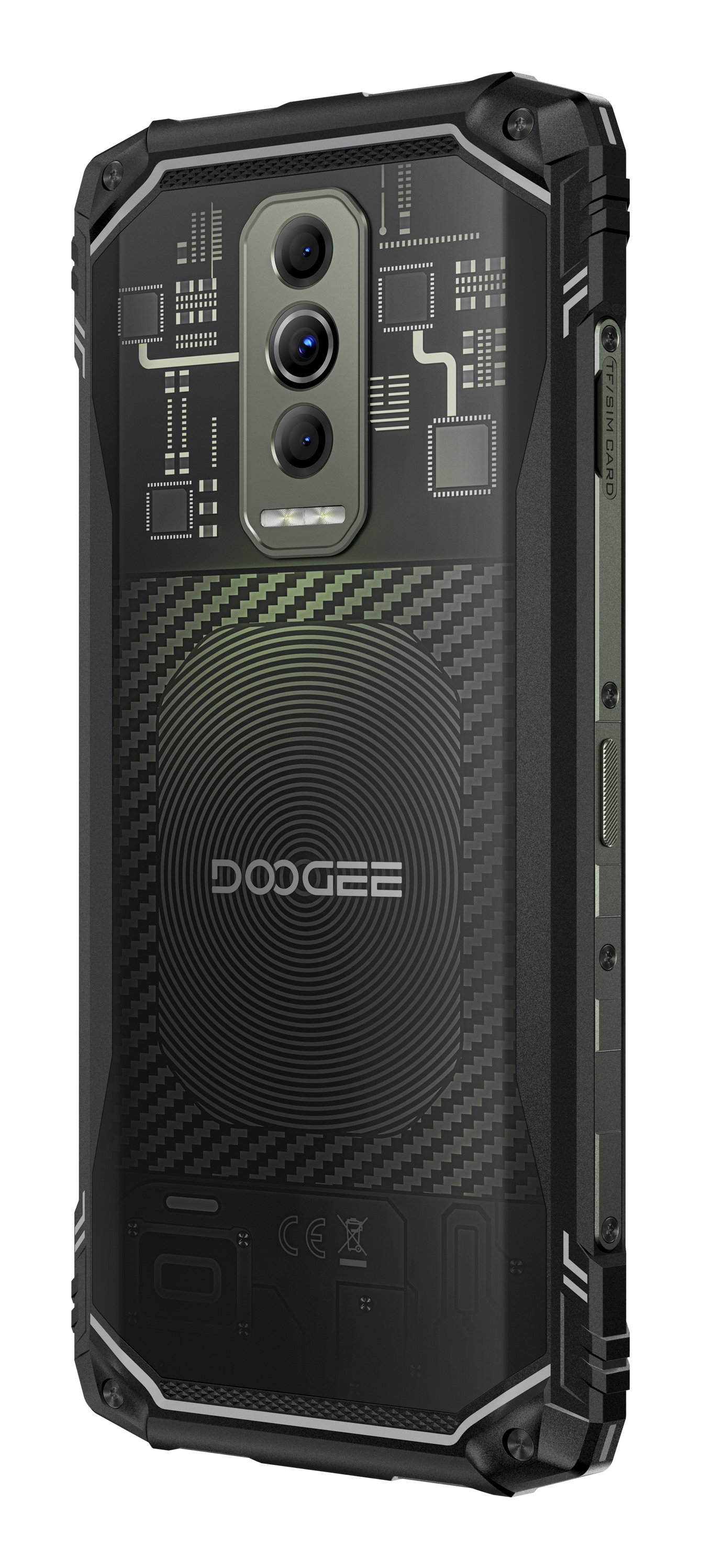Parte trasera de un smartphone Doogee negro resistente con triple cámara y patrón tecnológico.