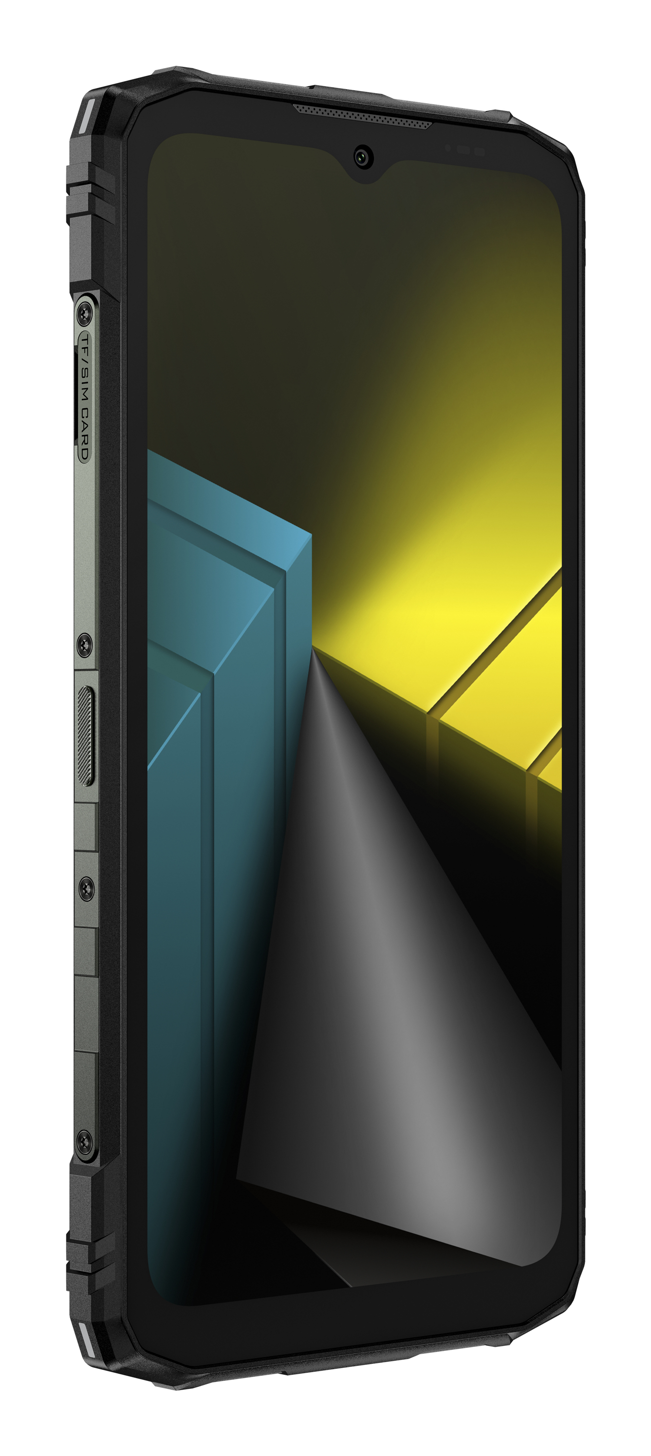 Un teléfono inteligente negro resistente con pantalla amarilla y azul y botones laterales.