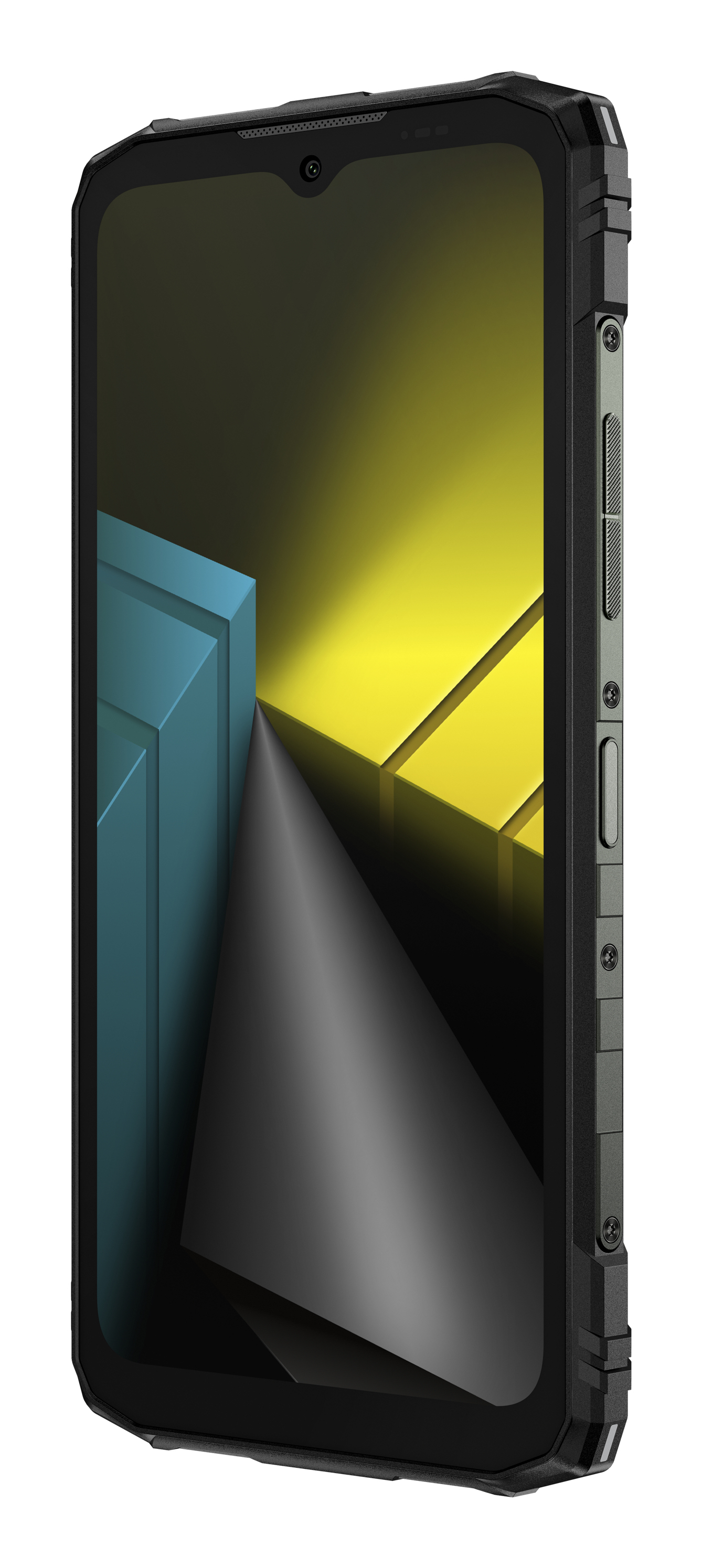 Un teléfono inteligente negro resistente con gráficos abstractos amarillos y azules en la pantalla.