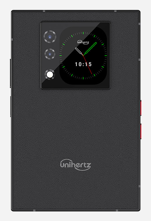 Retro di uno smartphone nero Unihertz con texture in pelle, piccolo schermo con lancette dell'orologio e fotocamera.