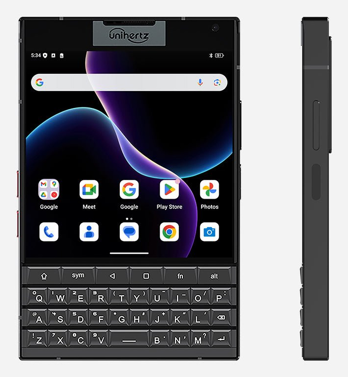 Uno smartphone nero Unihertz con tastiera fisica QWERTY, touchscreen e vista laterale.