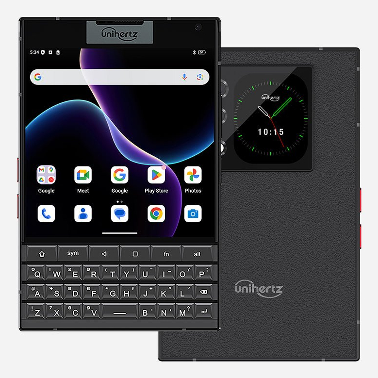 Vista anteriore e posteriore di uno smartphone nero Unihertz con tastiera fisica QWERTY e schermo secondario.